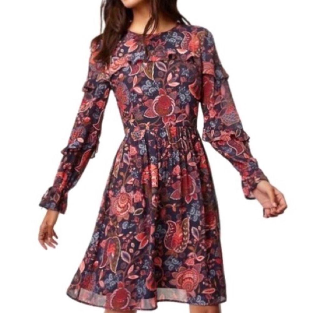 Loft Blue Coral Hydrangea Floral Ruffle Long Sleeve Dress